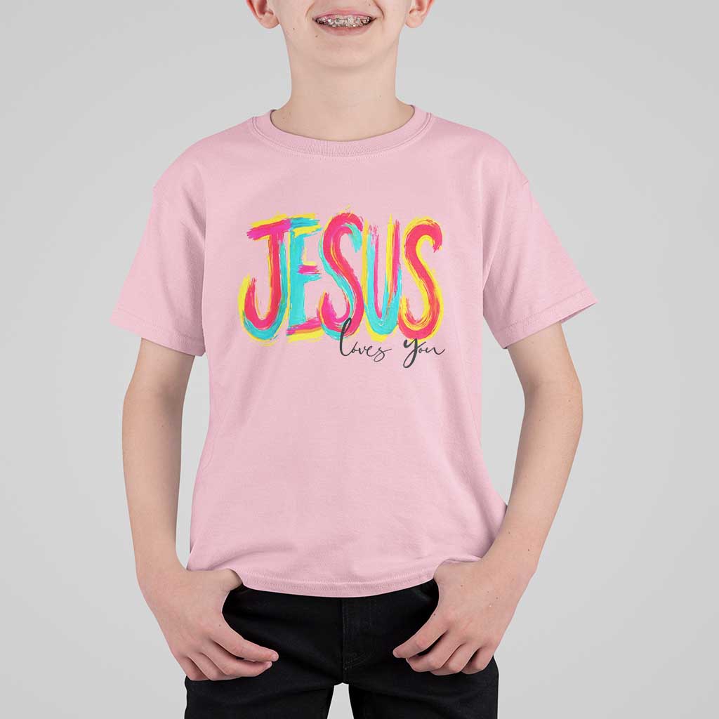 Jesus Loves You Colorful Brush Stroke Christian T Shirt For Kid Faith Inspirational Religious Gift for Believers