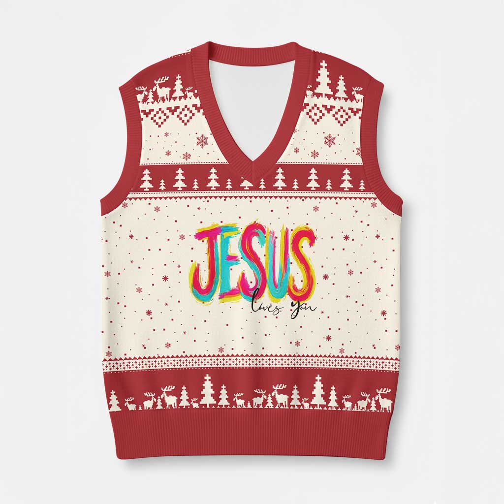 Jesus Loves You Colorful Brush Stroke Christian V-Neck Knit Sweater Vest Faith Inspirational Religious Gift for Believers