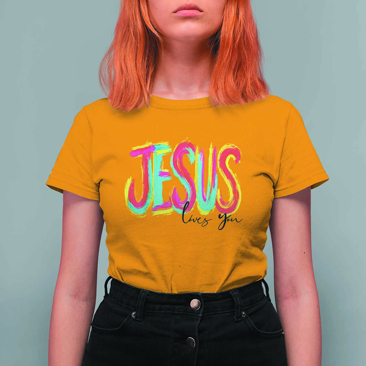 Jesus Loves You Colorful Brush Stroke Christian T Shirt For Women Faith Inspirational Religious Gift for Believers