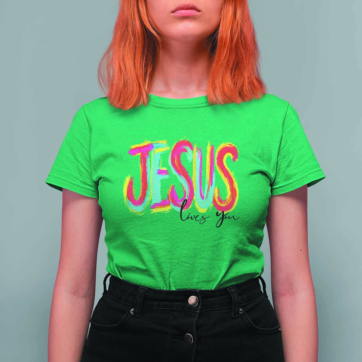 Jesus Loves You Colorful Brush Stroke Christian T Shirt For Women Faith Inspirational Religious Gift for Believers