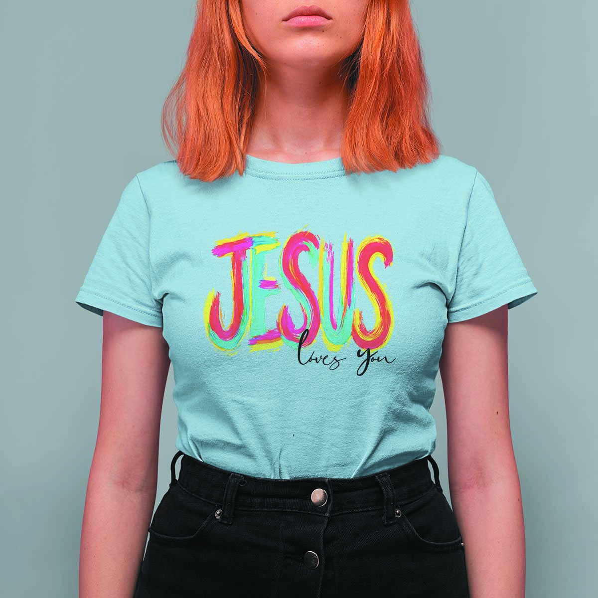Jesus Loves You Colorful Brush Stroke Christian T Shirt For Women Faith Inspirational Religious Gift for Believers