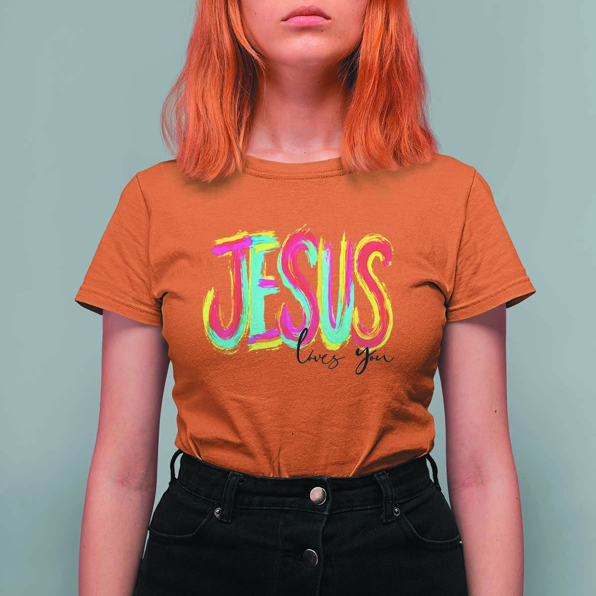 Jesus Loves You Colorful Brush Stroke Christian T Shirt For Women Faith Inspirational Religious Gift for Believers
