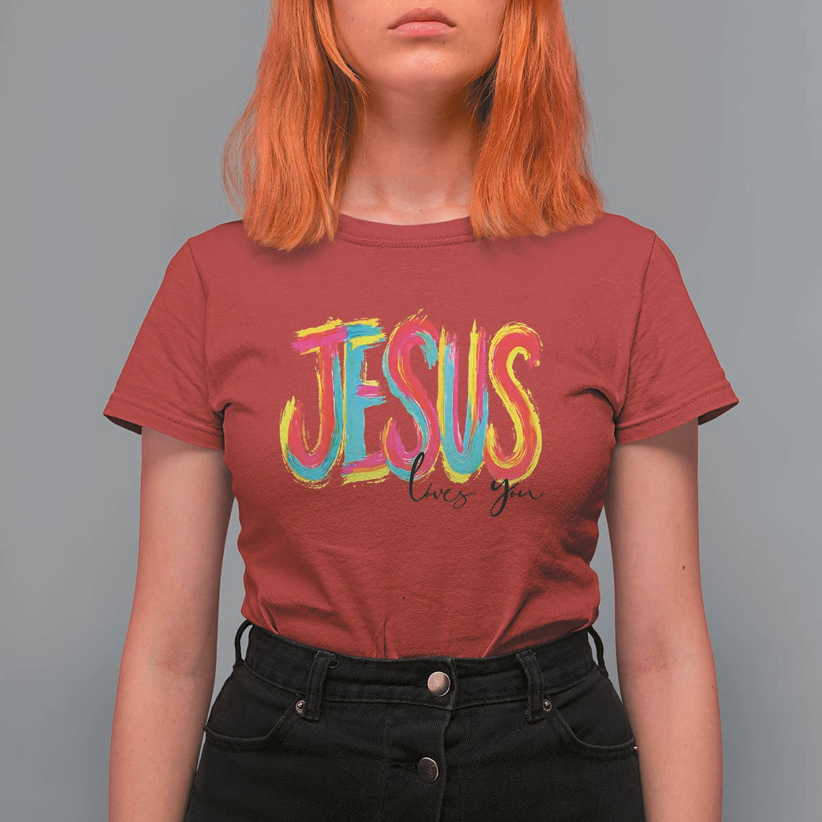 Jesus Loves You Colorful Brush Stroke Christian T Shirt For Women Faith Inspirational Religious Gift for Believers
