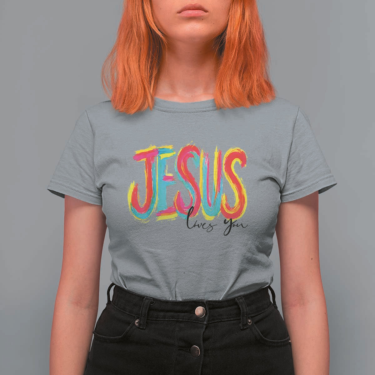 Jesus Loves You Colorful Brush Stroke Christian T Shirt For Women Faith Inspirational Religious Gift for Believers