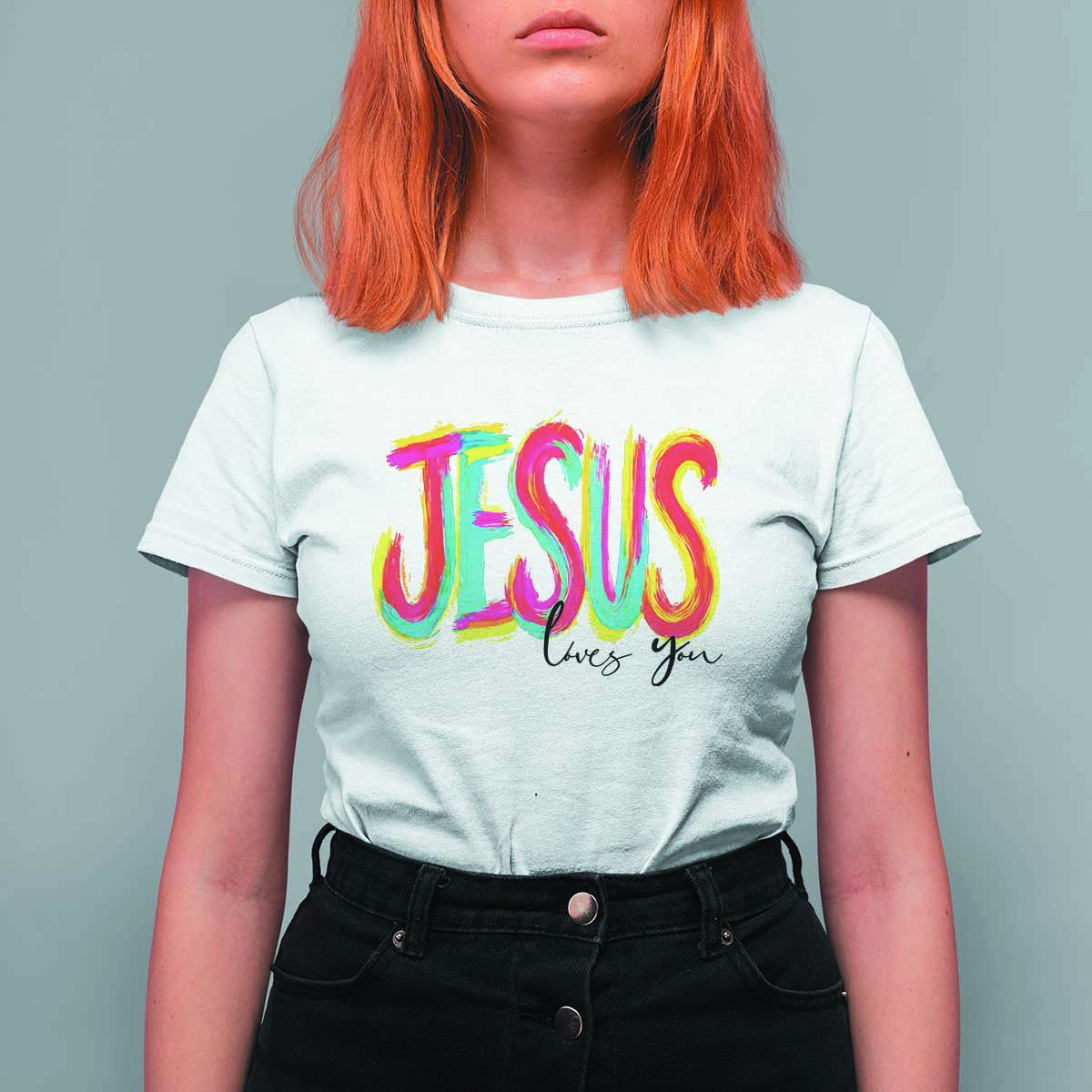 Jesus Loves You Colorful Brush Stroke Christian T Shirt For Women Faith Inspirational Religious Gift for Believers
