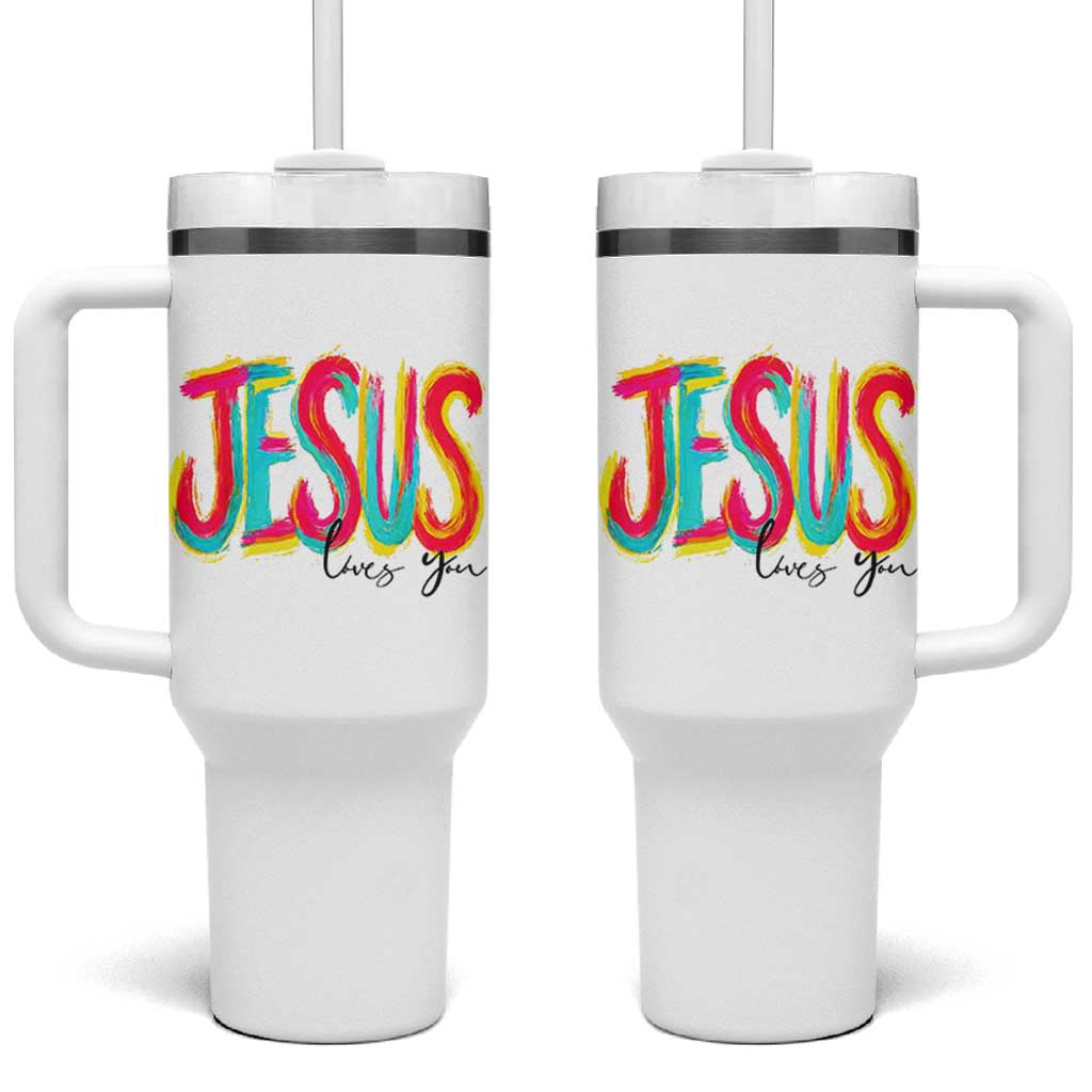 Jesus Loves You Colorful Brush Stroke Christian Tumbler With Handle Faith Inspirational Religious Gift for Believers
