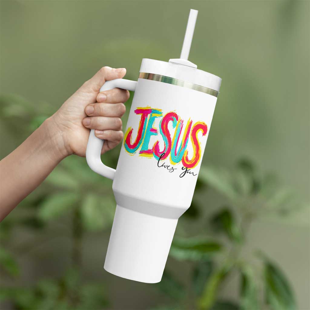 Jesus Loves You Colorful Brush Stroke Christian Tumbler With Handle Faith Inspirational Religious Gift for Believers