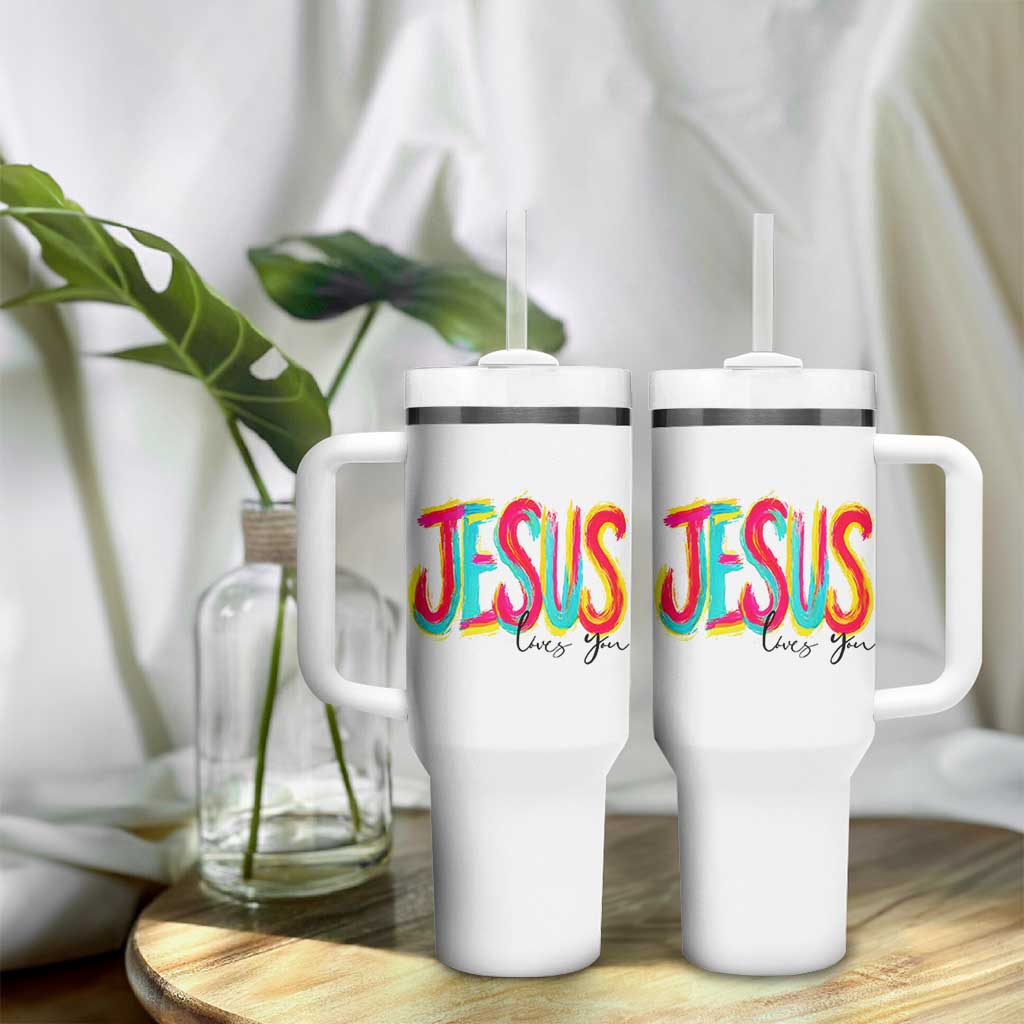 Jesus Loves You Colorful Brush Stroke Christian Tumbler With Handle Faith Inspirational Religious Gift for Believers