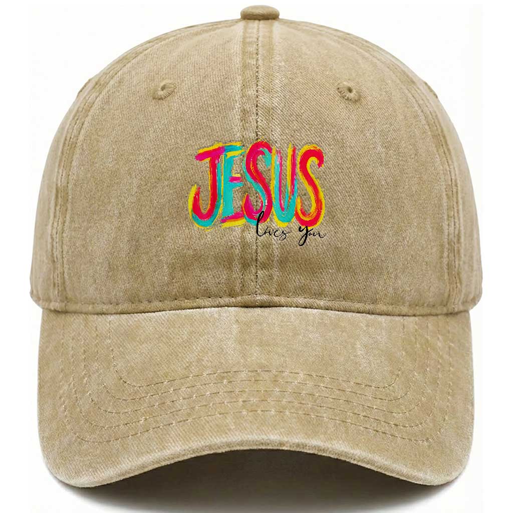 Jesus Loves You Colorful Brush Stroke Christian Washed Cotton Baseball Cap Faith Inspirational Religious Gift for Believers