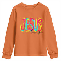 Jesus Loves You Colorful Brush Stroke Christian Youth Sweatshirt Faith Inspirational Religious Gift for Believers