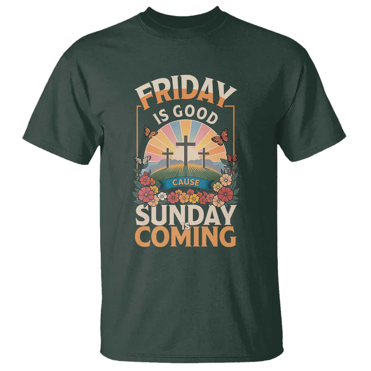 Friday Is Good Cause Sunday Is Coming Christian Easter T Shirt Cross Sunrise Floral Faith Inspirational Gift