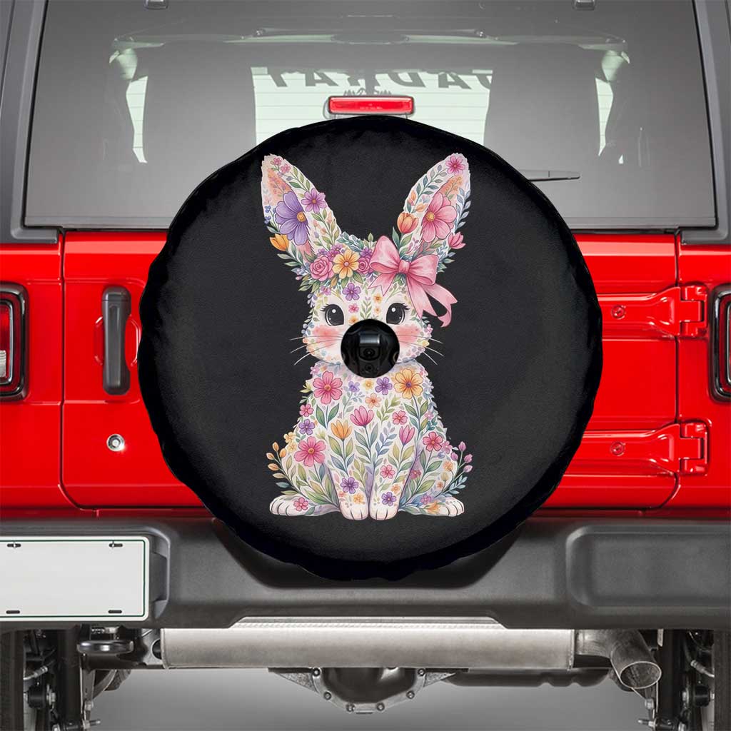 Cute Floral Easter Bunny Graphic Spare Tire Cover Adorable Spring Rabbit with Flowers Pastel Aesthetic Gift