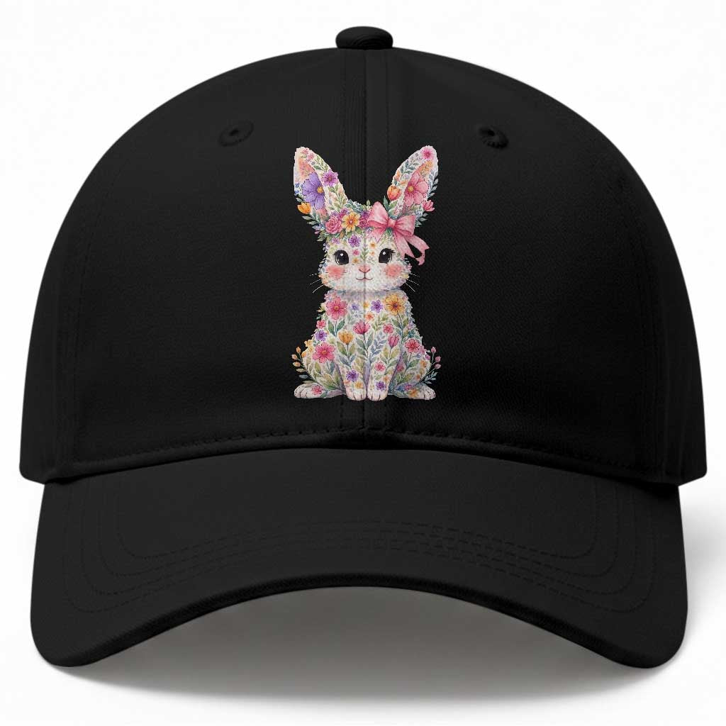 Cute Floral Easter Bunny Graphic Baseball Cap Adorable Spring Rabbit with Flowers Pastel Aesthetic Gift