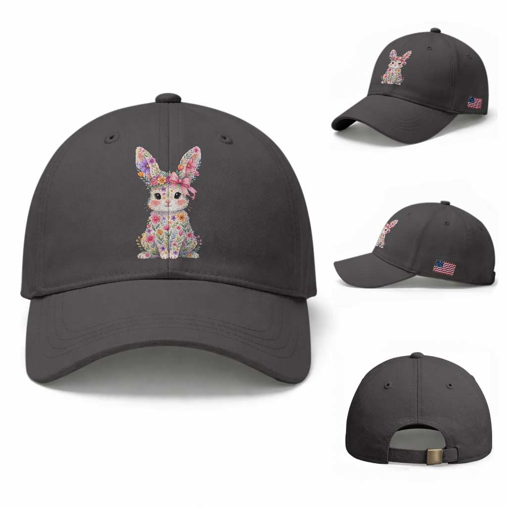 Cute Floral Easter Bunny Graphic Baseball Cap Adorable Spring Rabbit with Flowers Pastel Aesthetic Gift