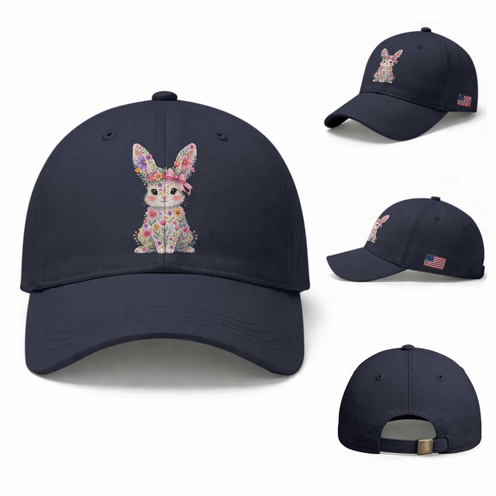 Cute Floral Easter Bunny Graphic Baseball Cap Adorable Spring Rabbit with Flowers Pastel Aesthetic Gift