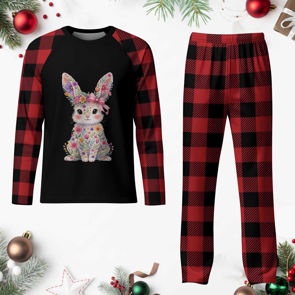 Cute Floral Easter Bunny Graphic Plaid Pajama Set Adorable Spring Rabbit with Flowers Pastel Aesthetic Gift