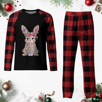 Cute Floral Easter Bunny Graphic Plaid Pajama Set Adorable Spring Rabbit with Flowers Pastel Aesthetic Gift