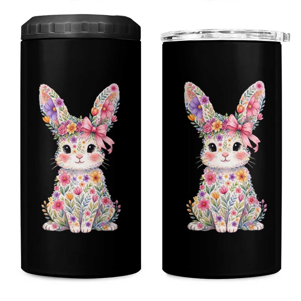 Cute Floral Easter Bunny Graphic 4 in 1 Can Cooler Tumbler Adorable Spring Rabbit with Flowers Pastel Aesthetic Gift