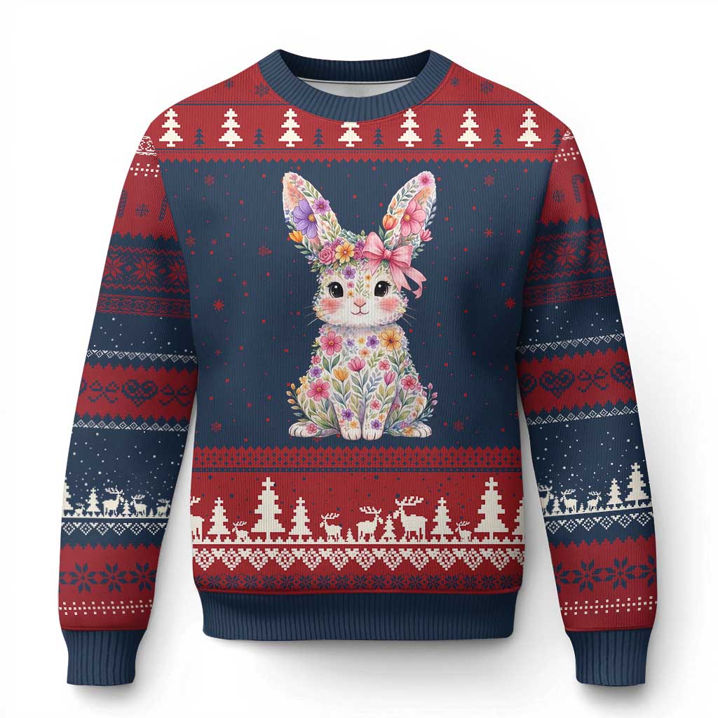 Cute Floral Easter Bunny Graphic Ugly Christmas Sweater Adorable Spring Rabbit with Flowers Pastel Aesthetic Gift
