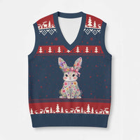 Cute Floral Easter Bunny Graphic V-Neck Knit Sweater Vest Adorable Spring Rabbit with Flowers Pastel Aesthetic Gift