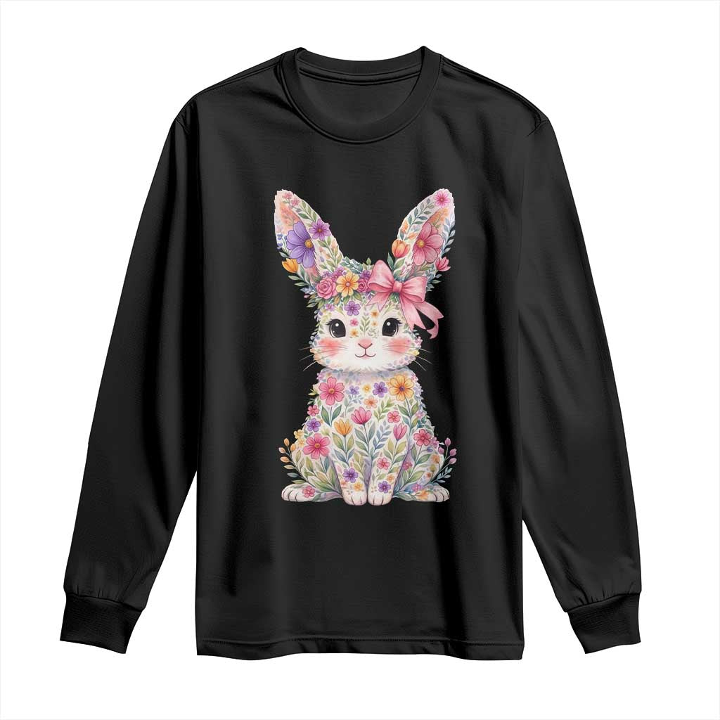 Cute Floral Easter Bunny Graphic Long Sleeve Shirt Adorable Spring Rabbit with Flowers Pastel Aesthetic Gift
