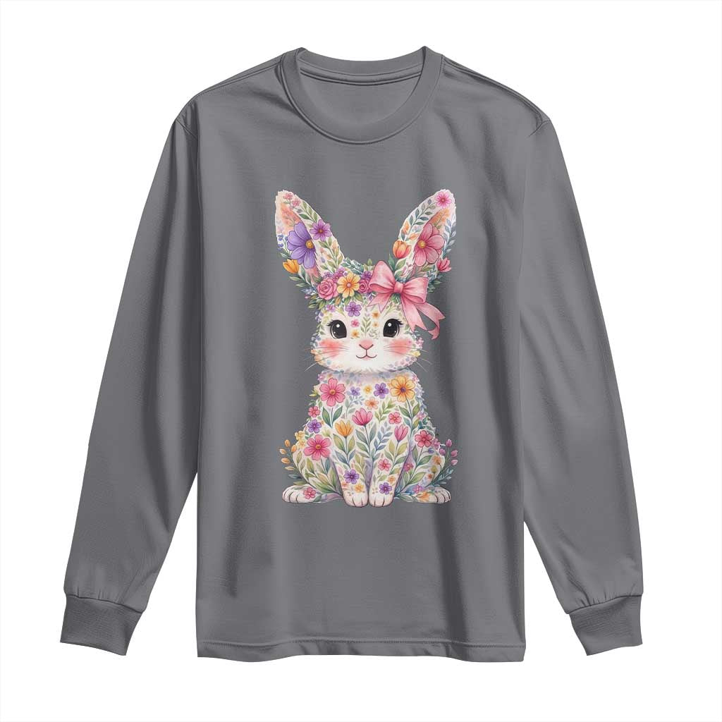 Cute Floral Easter Bunny Graphic Long Sleeve Shirt Adorable Spring Rabbit with Flowers Pastel Aesthetic Gift