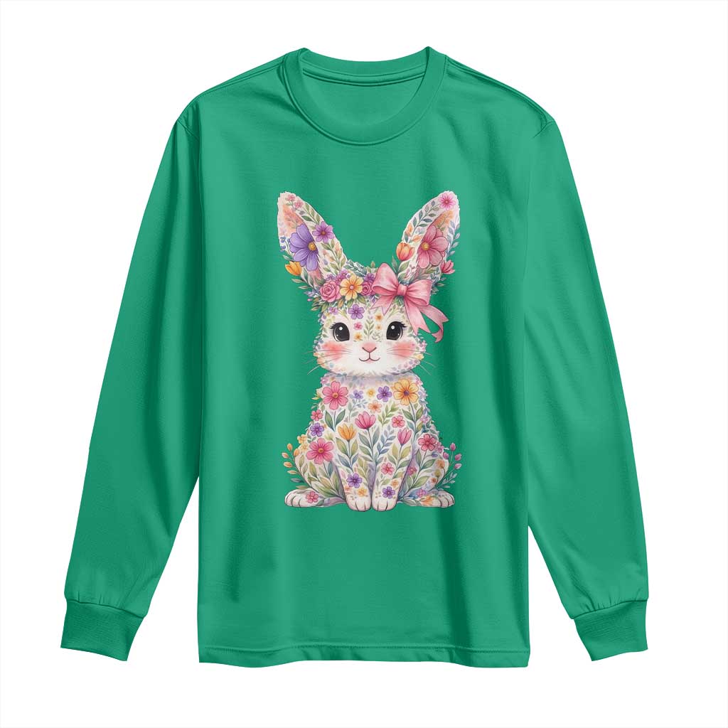 Cute Floral Easter Bunny Graphic Long Sleeve Shirt Adorable Spring Rabbit with Flowers Pastel Aesthetic Gift