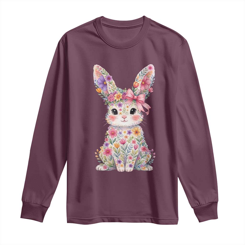 Cute Floral Easter Bunny Graphic Long Sleeve Shirt Adorable Spring Rabbit with Flowers Pastel Aesthetic Gift