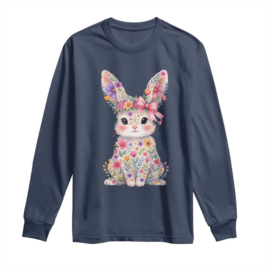 Cute Floral Easter Bunny Graphic Long Sleeve Shirt Adorable Spring Rabbit with Flowers Pastel Aesthetic Gift