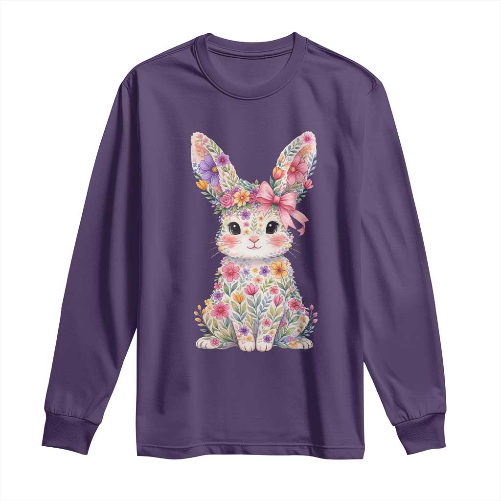 Cute Floral Easter Bunny Graphic Long Sleeve Shirt Adorable Spring Rabbit with Flowers Pastel Aesthetic Gift