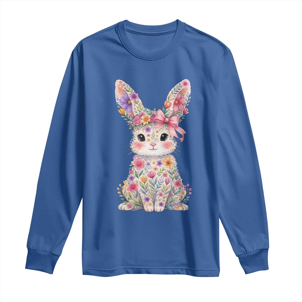 Cute Floral Easter Bunny Graphic Long Sleeve Shirt Adorable Spring Rabbit with Flowers Pastel Aesthetic Gift