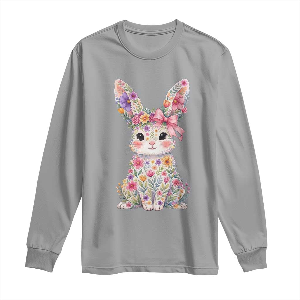 Cute Floral Easter Bunny Graphic Long Sleeve Shirt Adorable Spring Rabbit with Flowers Pastel Aesthetic Gift