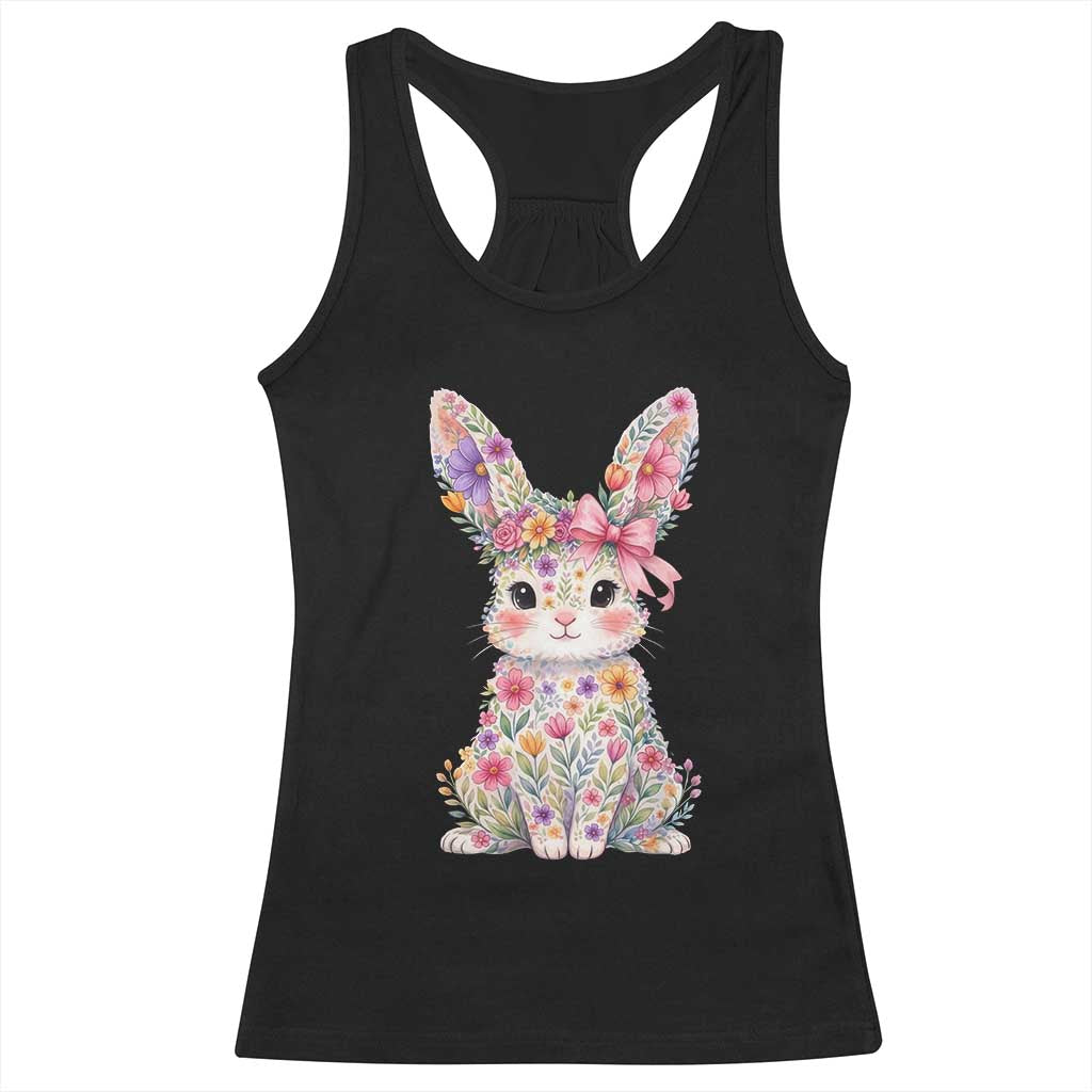 Cute Floral Easter Bunny Graphic Racerback Tank Top Adorable Spring Rabbit with Flowers Pastel Aesthetic Gift