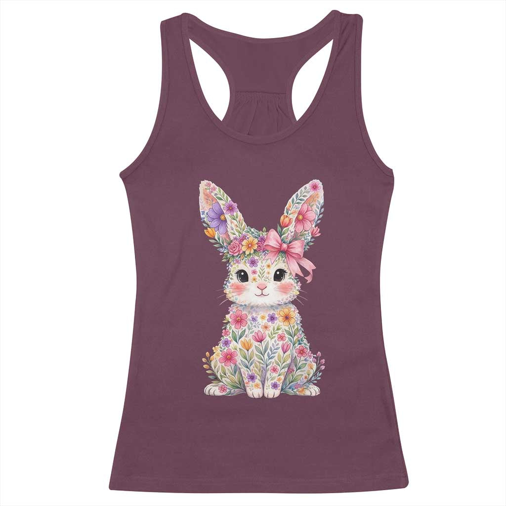 Cute Floral Easter Bunny Graphic Racerback Tank Top Adorable Spring Rabbit with Flowers Pastel Aesthetic Gift