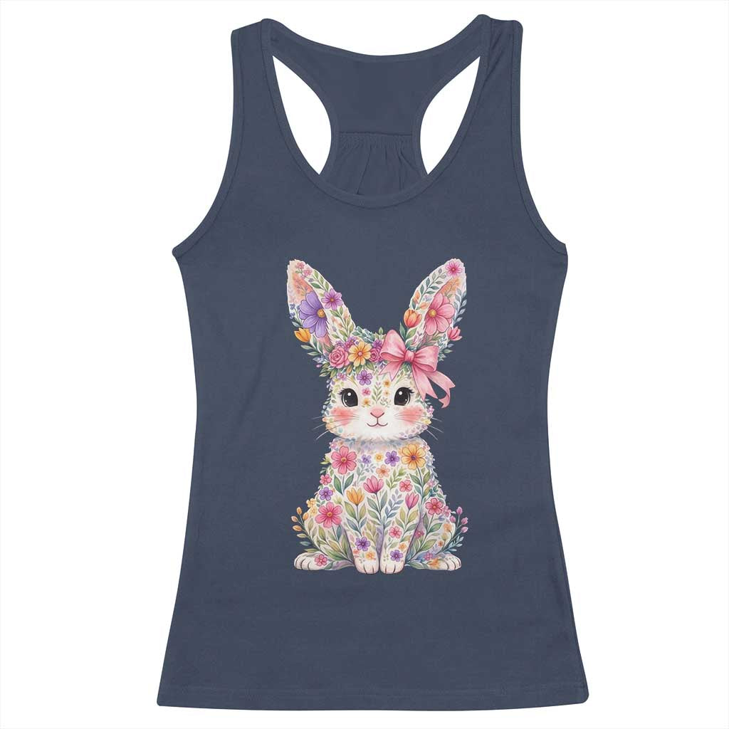 Cute Floral Easter Bunny Graphic Racerback Tank Top Adorable Spring Rabbit with Flowers Pastel Aesthetic Gift