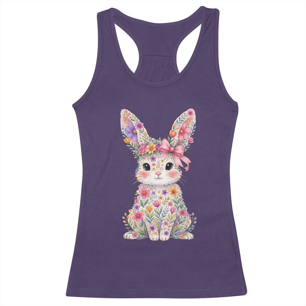 Cute Floral Easter Bunny Graphic Racerback Tank Top Adorable Spring Rabbit with Flowers Pastel Aesthetic Gift