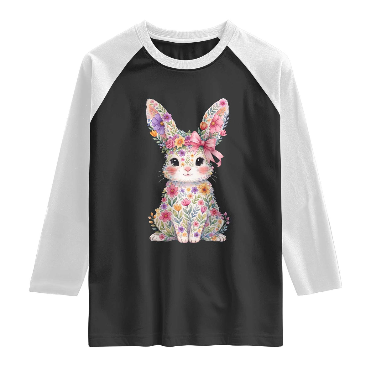 Cute Floral Easter Bunny Graphic Raglan Shirt Adorable Spring Rabbit with Flowers Pastel Aesthetic Gift