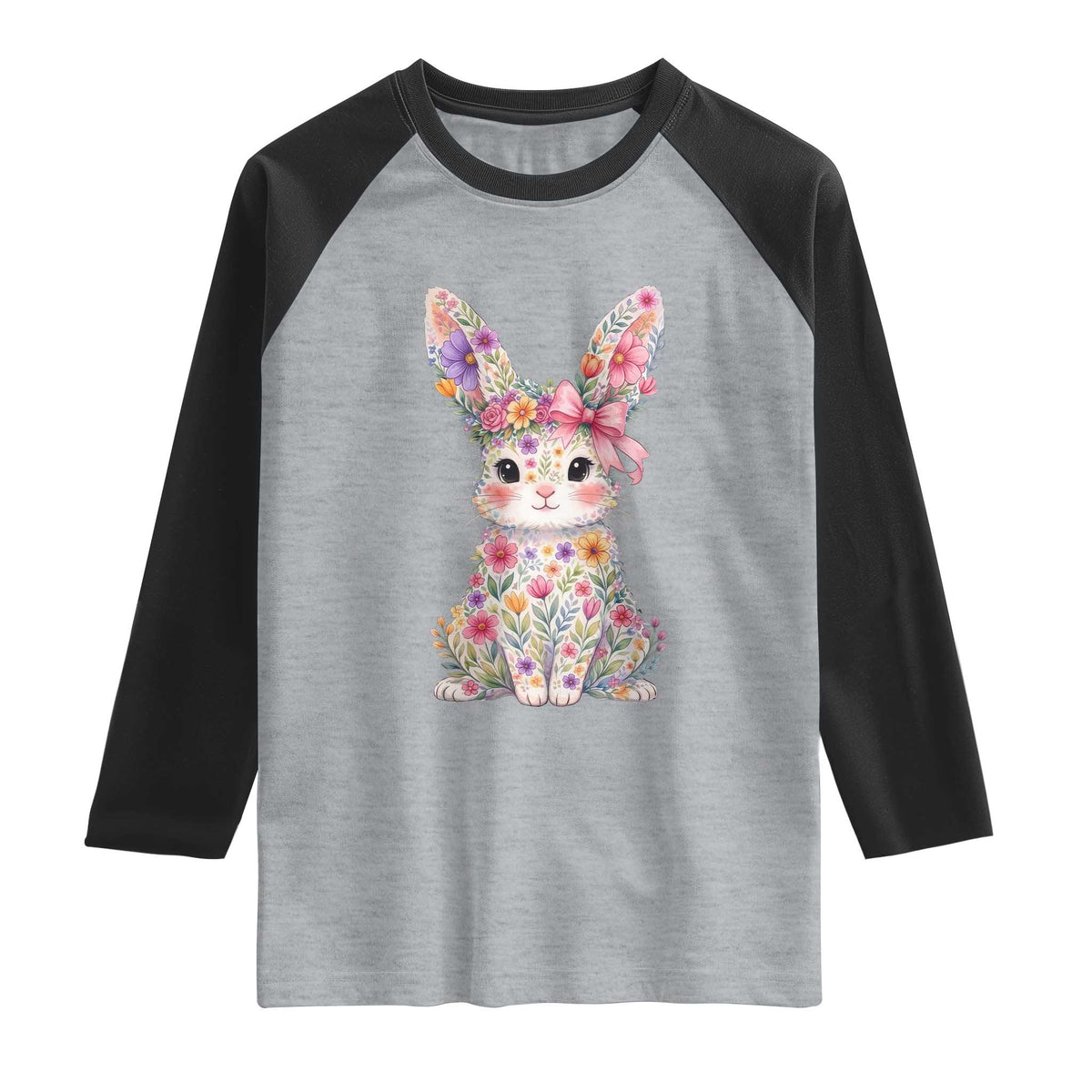Cute Floral Easter Bunny Graphic Raglan Shirt Adorable Spring Rabbit with Flowers Pastel Aesthetic Gift