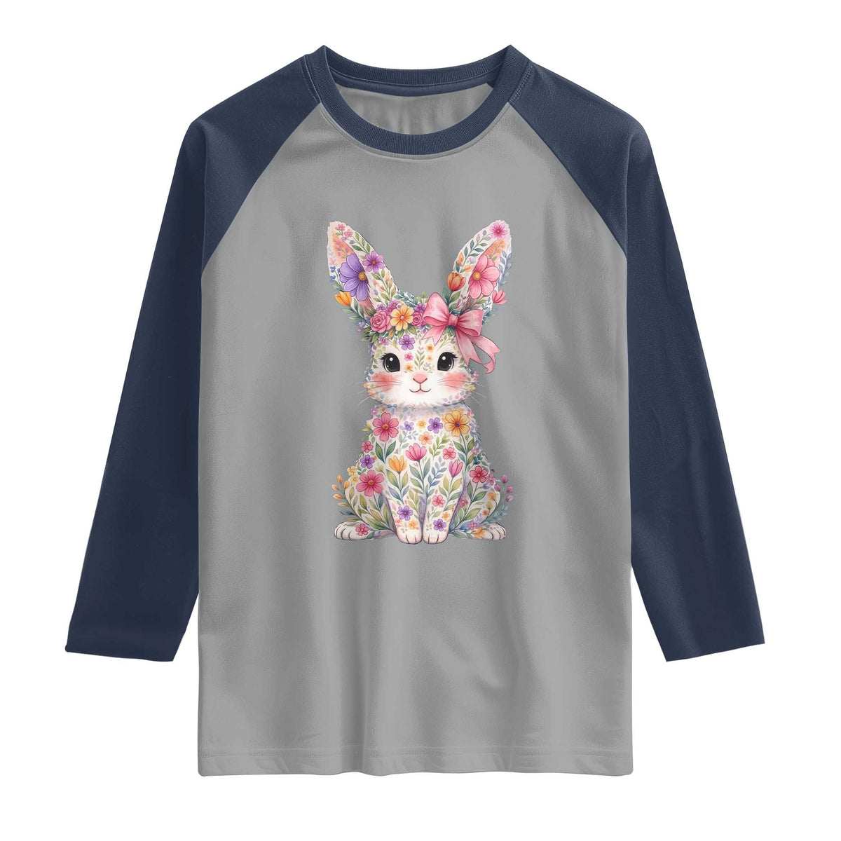 Cute Floral Easter Bunny Graphic Raglan Shirt Adorable Spring Rabbit with Flowers Pastel Aesthetic Gift