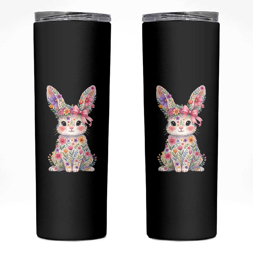 Cute Floral Easter Bunny Graphic Skinny Tumbler Adorable Spring Rabbit with Flowers Pastel Aesthetic Gift