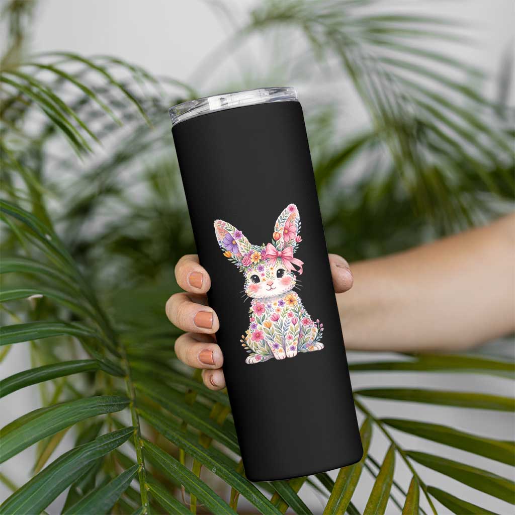 Cute Floral Easter Bunny Graphic Skinny Tumbler Adorable Spring Rabbit with Flowers Pastel Aesthetic Gift