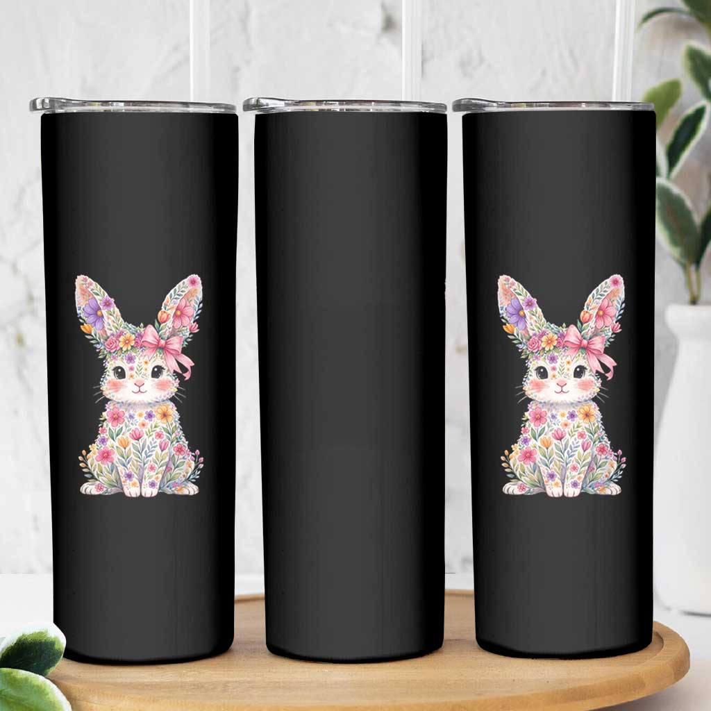 Cute Floral Easter Bunny Graphic Skinny Tumbler Adorable Spring Rabbit with Flowers Pastel Aesthetic Gift