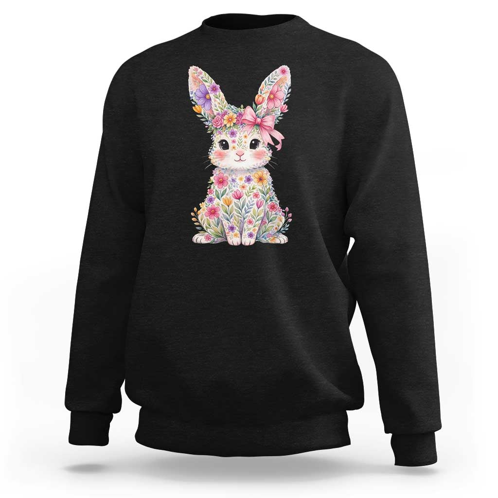 Cute Floral Easter Bunny Graphic Sweatshirt Adorable Spring Rabbit with Flowers Pastel Aesthetic Gift
