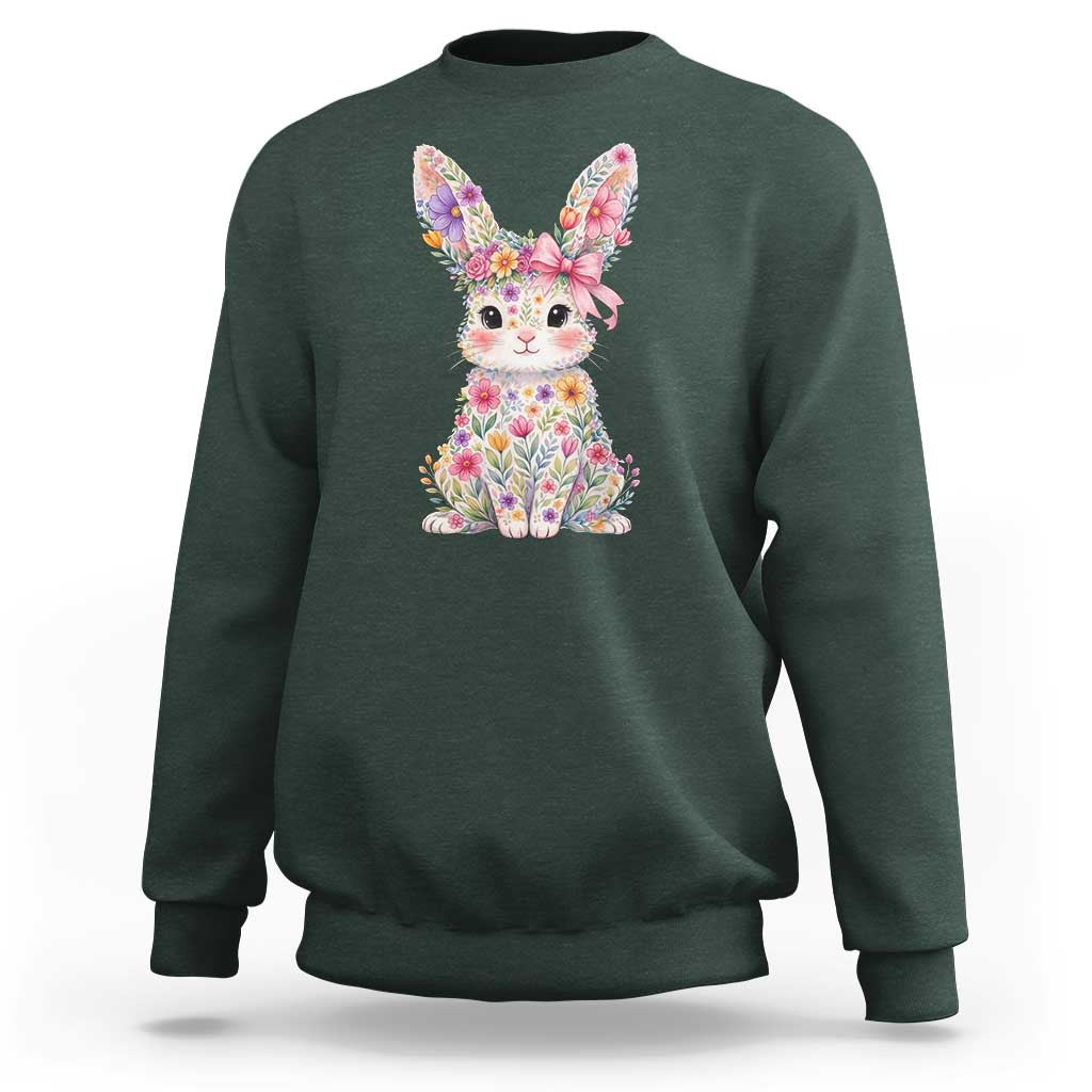 Cute Floral Easter Bunny Graphic Sweatshirt Adorable Spring Rabbit with Flowers Pastel Aesthetic Gift
