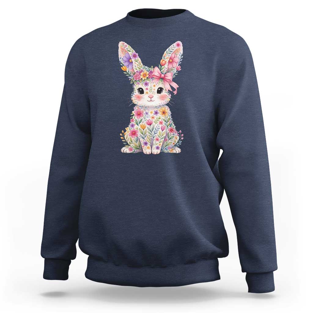 Cute Floral Easter Bunny Graphic Sweatshirt Adorable Spring Rabbit with Flowers Pastel Aesthetic Gift