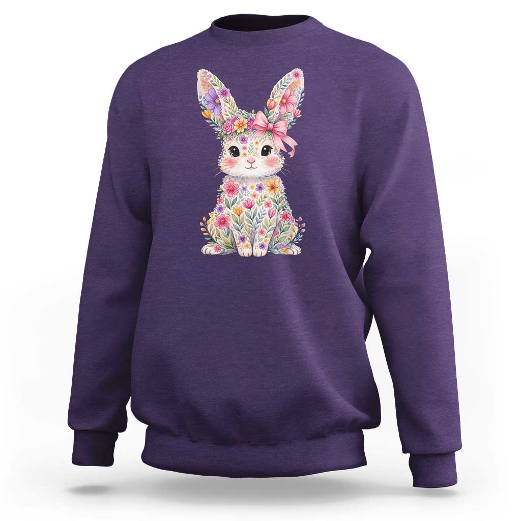 Cute Floral Easter Bunny Graphic Sweatshirt Adorable Spring Rabbit with Flowers Pastel Aesthetic Gift