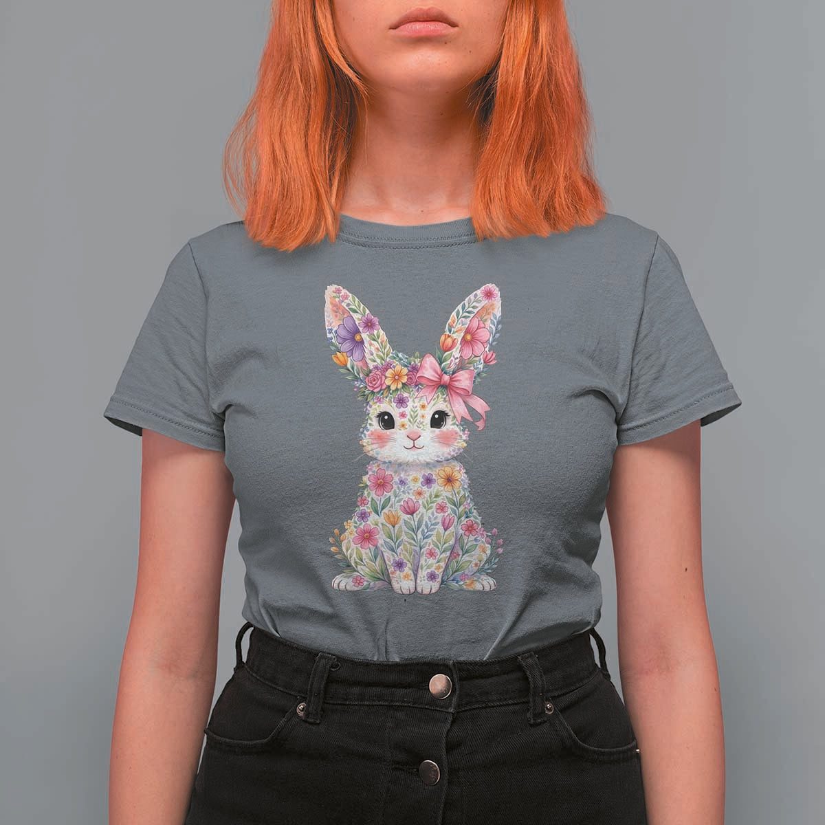 Cute Floral Easter Bunny Graphic T Shirt For Women Adorable Spring Rabbit with Flowers Pastel Aesthetic Gift