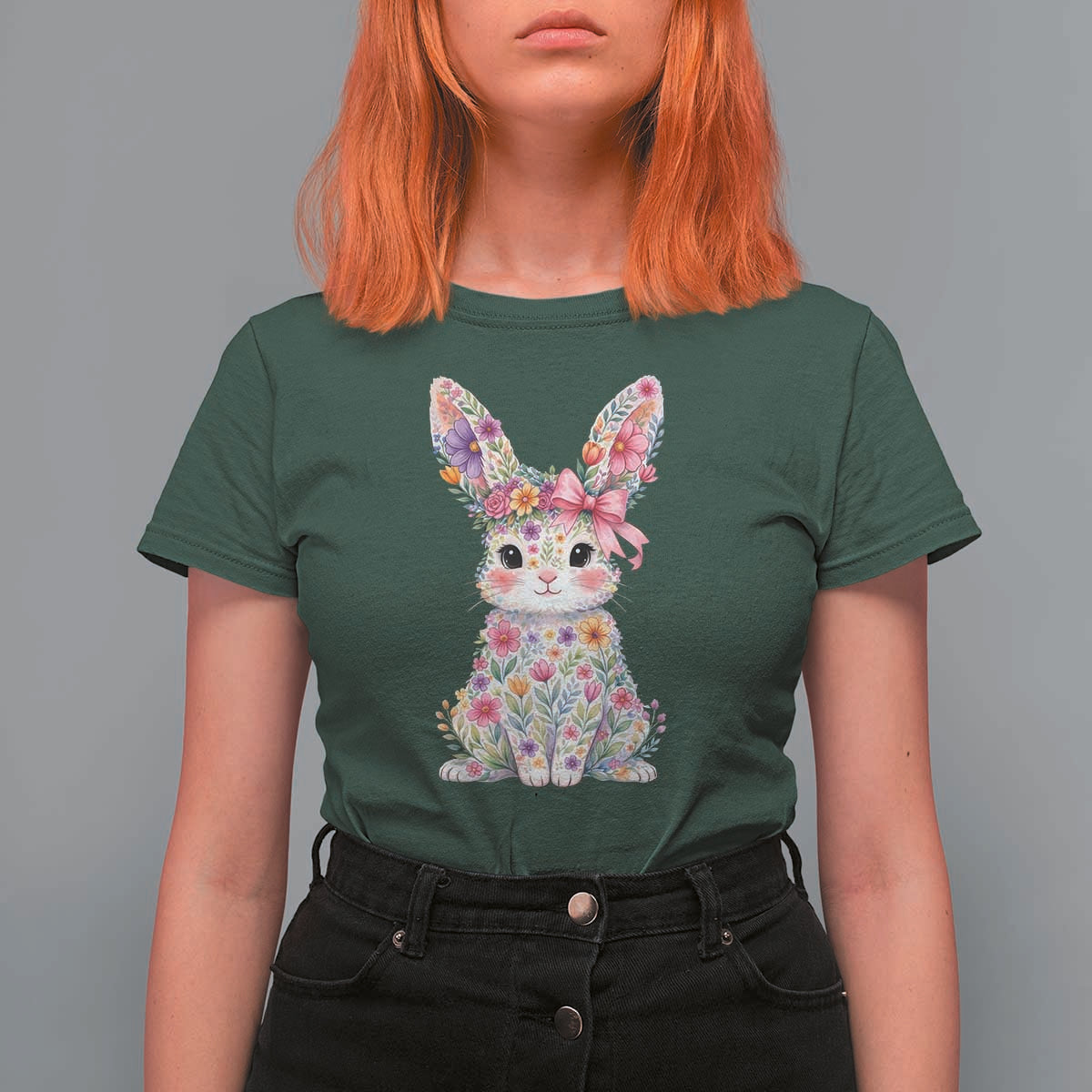 Cute Floral Easter Bunny Graphic T Shirt For Women Adorable Spring Rabbit with Flowers Pastel Aesthetic Gift