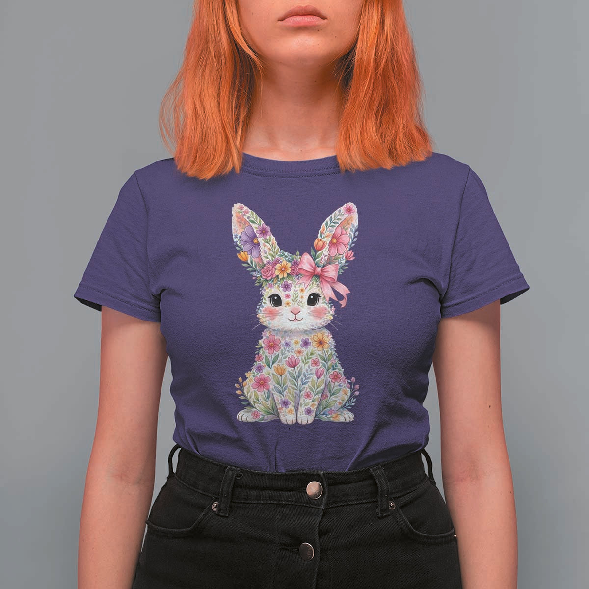 Cute Floral Easter Bunny Graphic T Shirt For Women Adorable Spring Rabbit with Flowers Pastel Aesthetic Gift