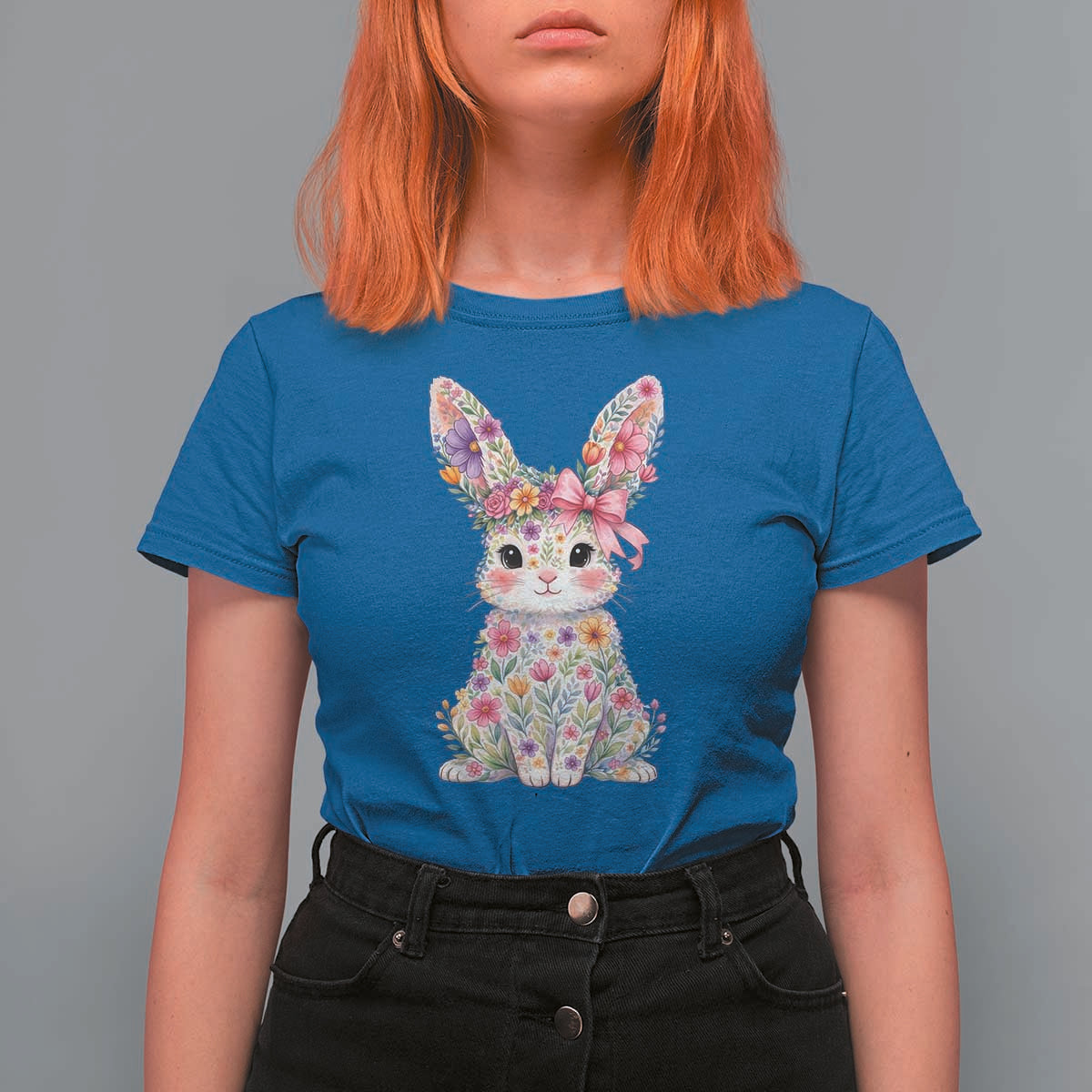 Cute Floral Easter Bunny Graphic T Shirt For Women Adorable Spring Rabbit with Flowers Pastel Aesthetic Gift